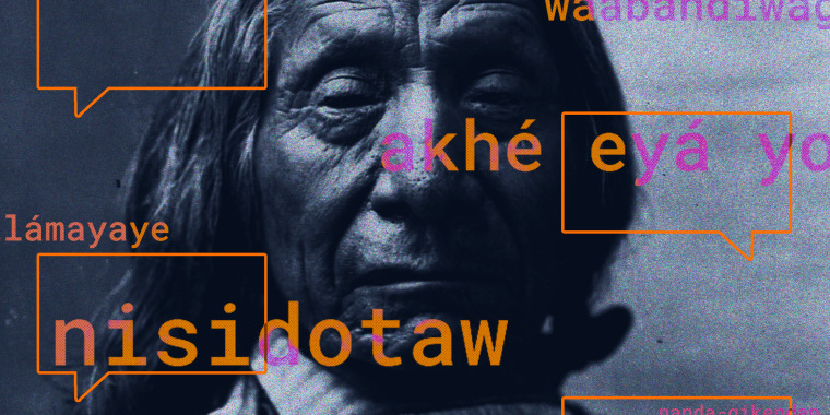 Blue-toned archival photograph of a headshot of Chief Red Cloud. Overlayed are several orange text bubbles, and orange words and phrases from both the Lakota and Ojibwe languages.