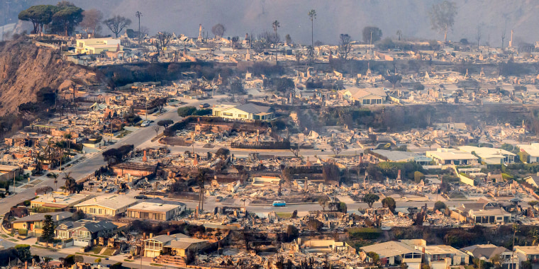 Burned homes seen from above.