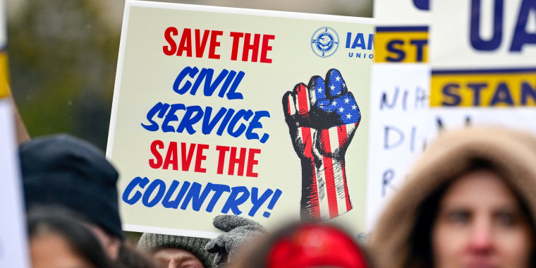 A crowd of people, a sign above heads reads "Save the civil service, save the country!"
