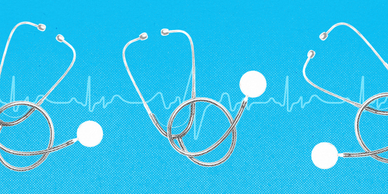 Several stethoscopes against an EKG line, on a blue background.