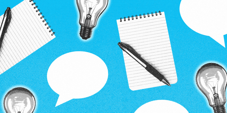 Light bulbs, note pads and pens, and speech bubbles repeated in a pattern against a blue background.
