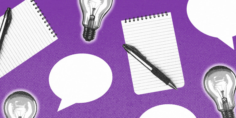 Light bulbs, note pads and pens, and speech bubbles repeated in a pattern against a purple background.