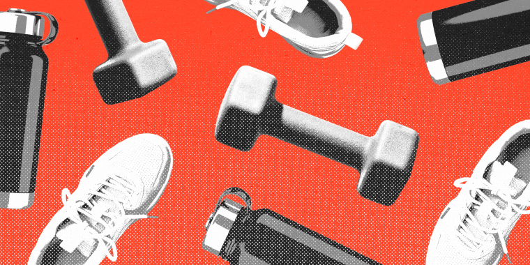 Running sneakers, water bottles, and weights repeating in a pattern against a red background.