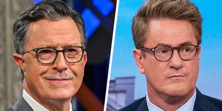 A split composite of Stephen Colbert and Joe Scarborough.