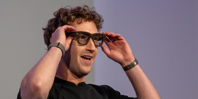 Meta CEO Mark Zuckerberg wears a pair of Meta Ray-Ban Display AI glasses during the Meta Connect event in Menlo Park, Calif., on Sept. 17, 2025. 