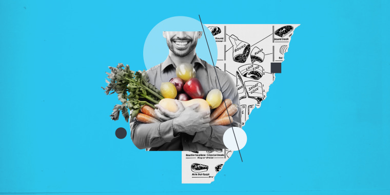 collage of man holding fruit and veggies next to a meat diagram of a cow on a blue background