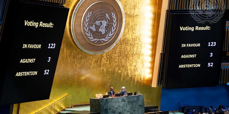 A view of the General Assembly Hall following the vote on Resolution A/80/L.48, Agenda Item 119, declaring the Trafficking of Enslaved Africans and the Racialised Chattel Enslavement of Africans as the Gravest Crime Against Humanity. The resolution passed with 123 in favor, 3 against, and 52 abstentions.