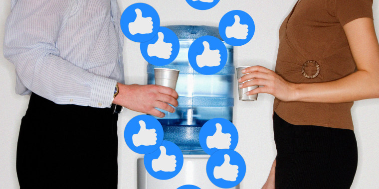 People at a water cooler and thumbs-up emojis 
