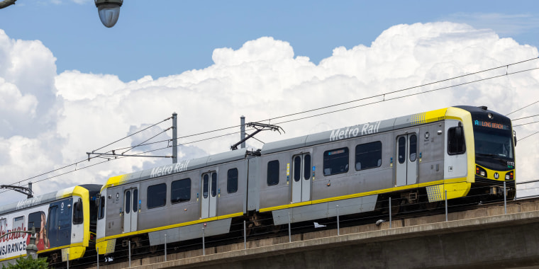 The Metro Rail A Line leaves the Chinatown station in Los Angeles. 