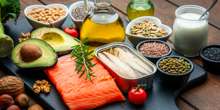 Group of healthy ingredients high in unsaturated fatty acid and Omega-3. Food that improve cholesterol levels, lower blood pressure and reduce inflammation. Olive oil, avocado, salmon, sardine, chia seed, nuts