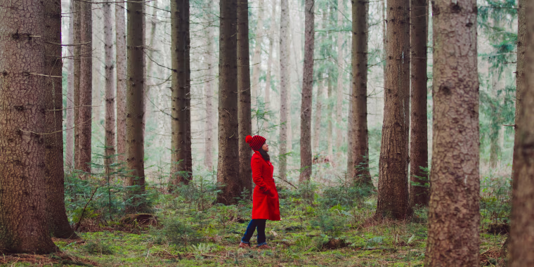 Image: Woman Walking Along Wooded Road