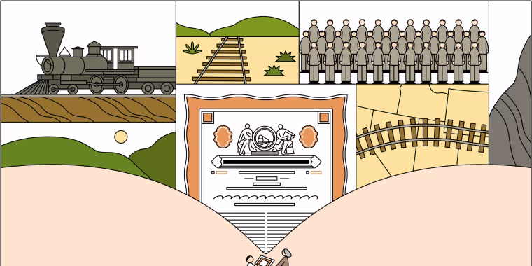 Illustration of family members holding up a book that shows the history of their family.