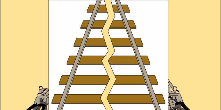 Illustration of railroad workers pushing together an image of a broken railway.