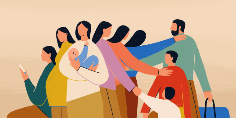 Illustration of woman going through the states of motherhood, from pregnancy to child's adulthood.