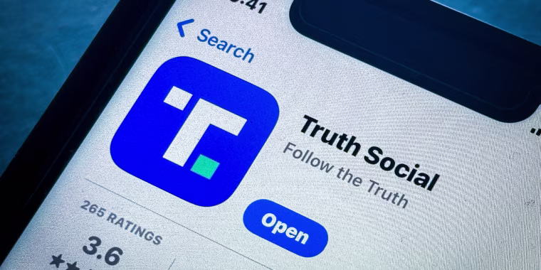 Donald Trump's Truth Social app logo on a smartphone.