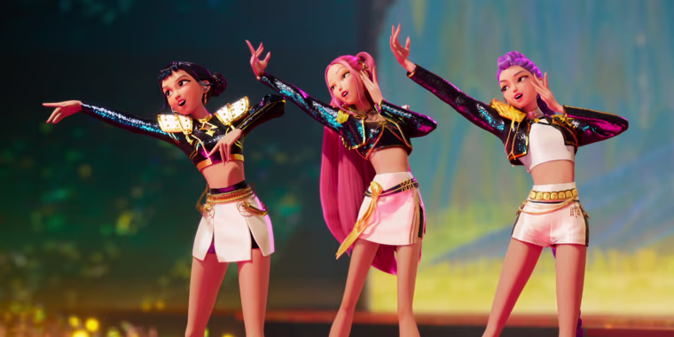 From left, Zoey, Mira, and Rumi sing on stage