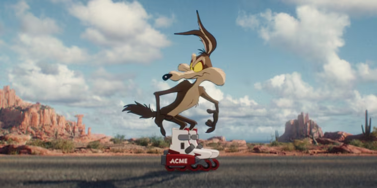 An animated coyote standing on the middle of the street while wearing rolling skates.