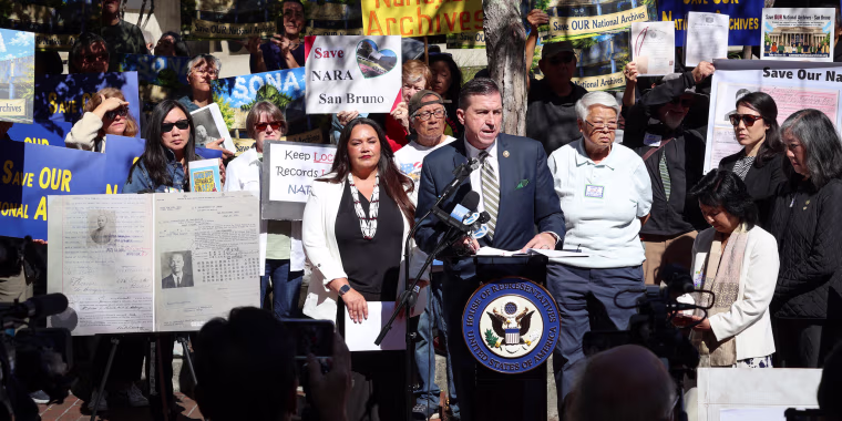 Rep. Kevin Mullin, D-Calif., rallies on Aug. 24, 2026 with Asian American, tribal leaders and other community members