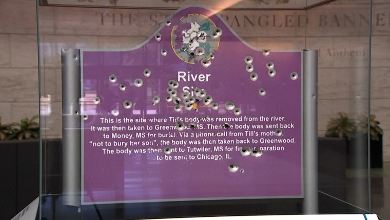 Bullet-ridden Emmett Till marker on display at Smithsonian