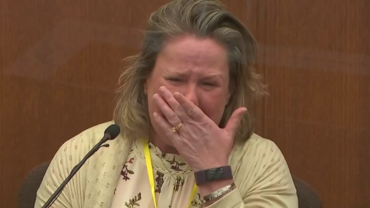 Former Minnesota officer Kim Potter cries during testimony in her manslaughter trial
