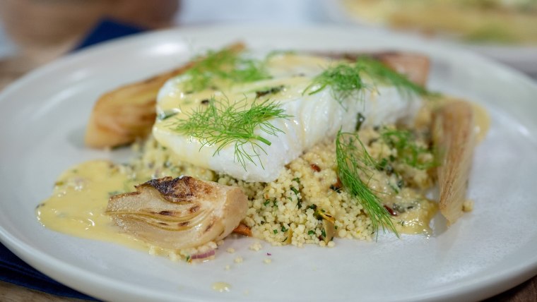 Olive oil-poached halibut, apple cider mocktail: Get the recipe!