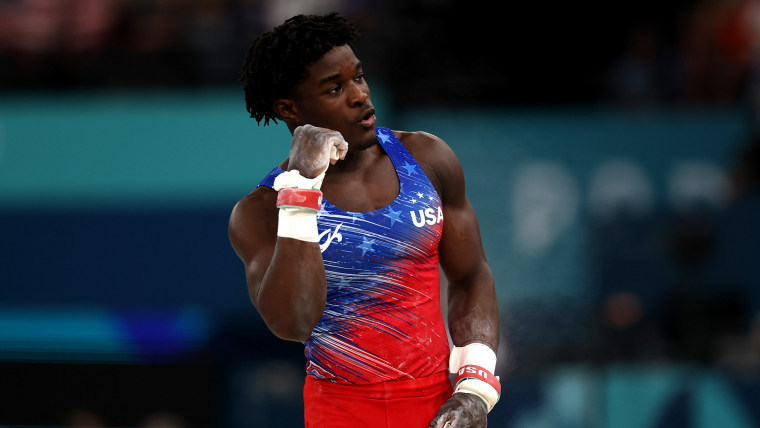 Frederick Richard slips during all-around on pommel horse