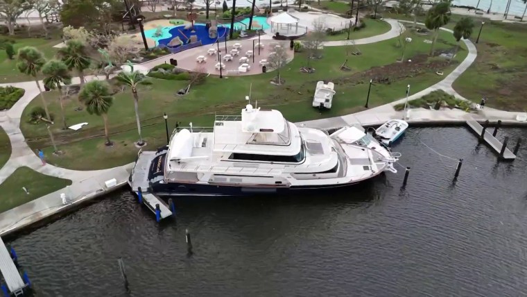 Drone video shows boats washed ashore by Hurricane Milton