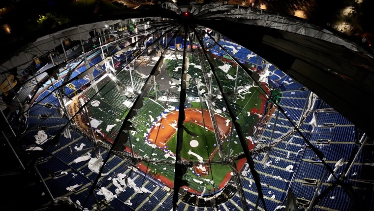 Drone video shows the damage to Tropicana Field after Hurricane Milton