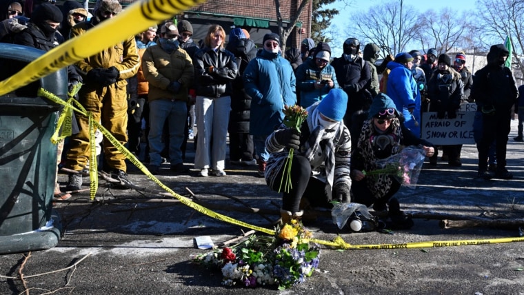 A makeshift memorial at the site of Alex Pretti's death in Minneapolis