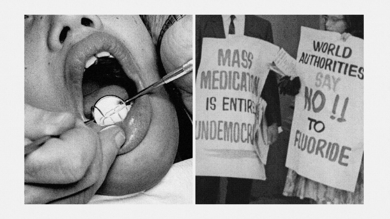 Photo Illustration: A child getting his teeth checked by a dentist and an archival image of anti-fluoride activists