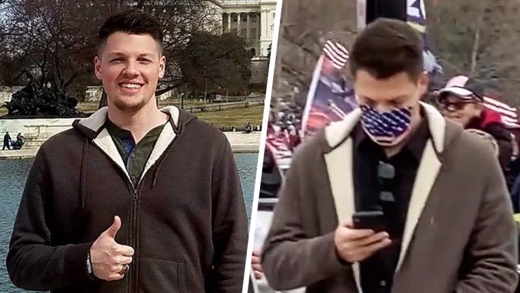 A split photo of Zach Henry at the Capitol in 2017 and him at the Capitol on January 6, 2021.