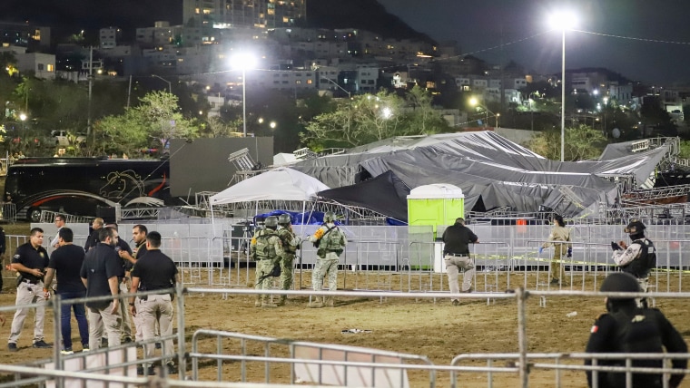 Security forces stand around a stage that collapsed due to a gust of wind during an event attended by presidential candidate Jorge Álvarez Máynez in San Pedro Garza García, on the outskirts of Monterey, Mexico.