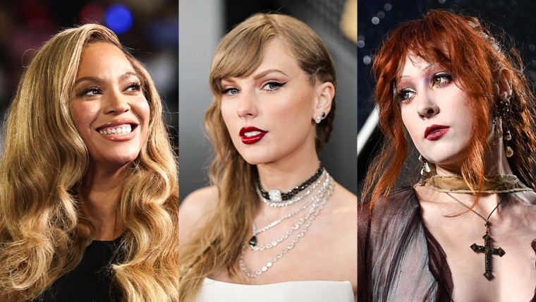 A side by side image composite of Beyoncé, Taylor Swift, and Chappell Roan.