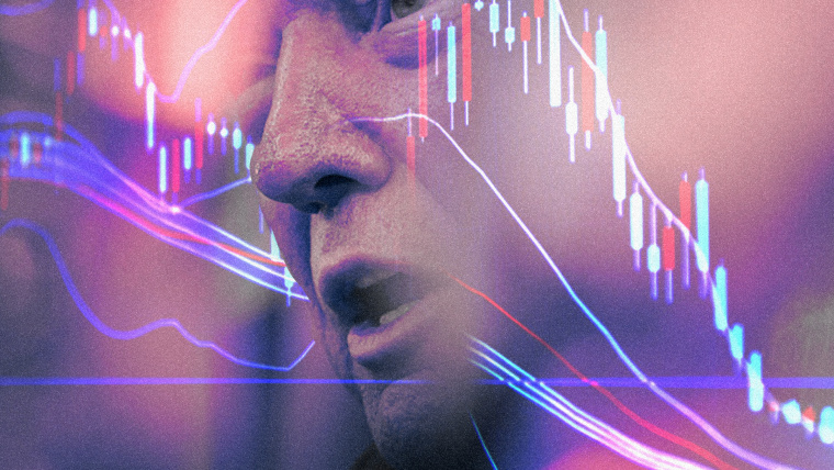 Up-close photo of Donald Trump, tinted blue and red. Graph lines and charts are overlaid behind and over Trump's face.