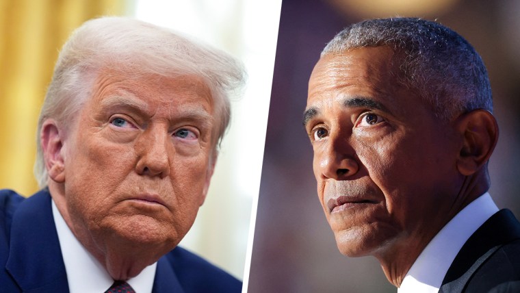 A split composite image of President Donald Trump, left, and Barack Obama.