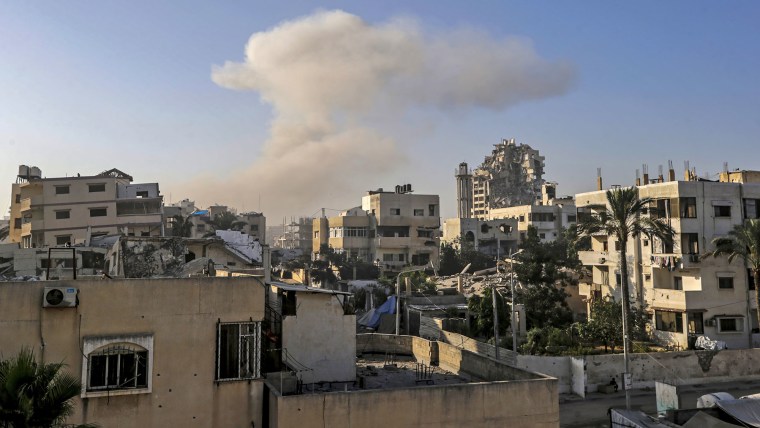 Smoke rises following an Israeli airstrike during a military operation in the Al Sabra neighborhood of Gaza City on Aug. 29, 2025.