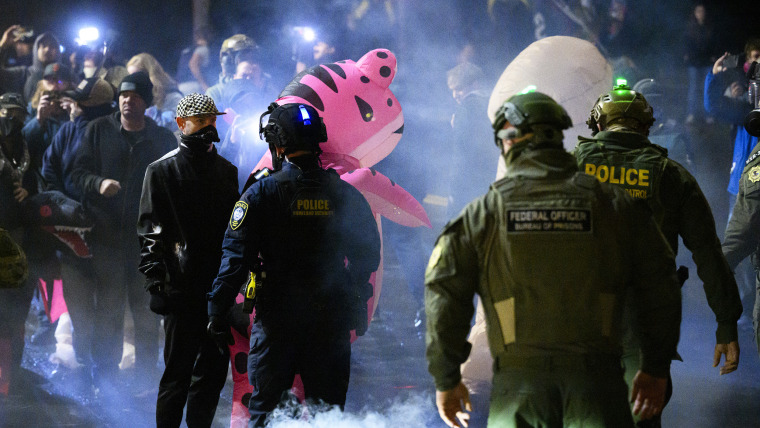 Anti-I.C.E. protesters clash with federal agents at the U.S. Immigration and Customs Enforcement building.