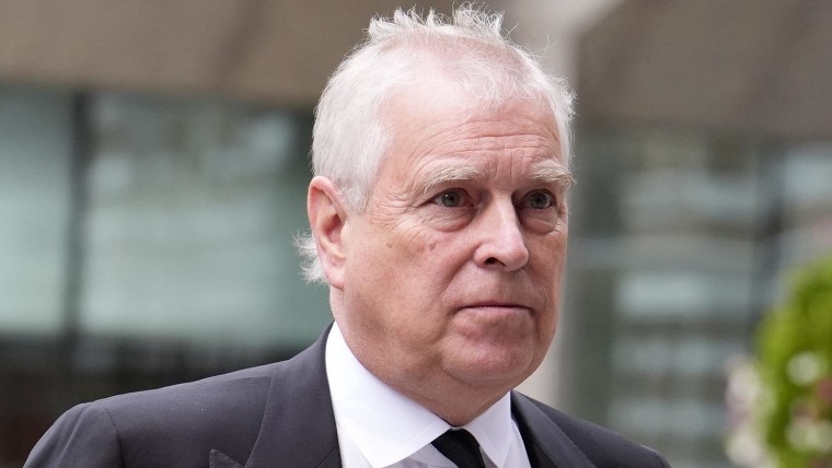 Britain's Prince Andrew, Duke of York, arrives to attend a Requiem Mass for Katharine, Duchess of Kent, in London on Sept.16, 2025. 