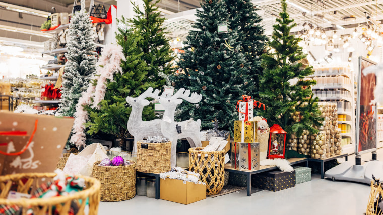 Decorations for New Year's and Christmas holidays on display in a department store