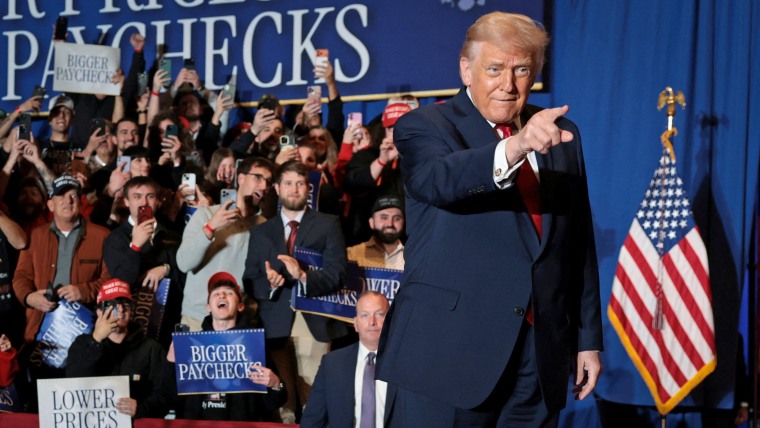 President Donald Trump points his finger as he arrives to deliver remarks at the Mount Airy Casino Resort in Mount Pocono, Pa., on Dec. 9, 2025.