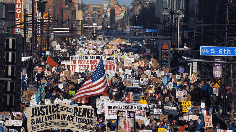 Demonstrators participate in "ICE Out” rallies across Minneapolis, Minn., on January 23, 2026.