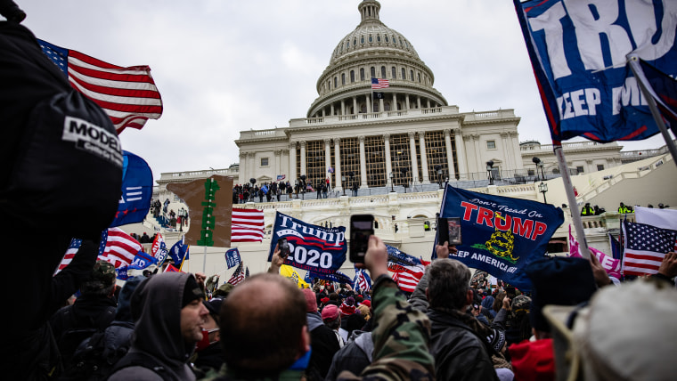 A huge crowd of people waving Trump 2020 flags are gathered outside the U.S. Capitol building under gray skies. 