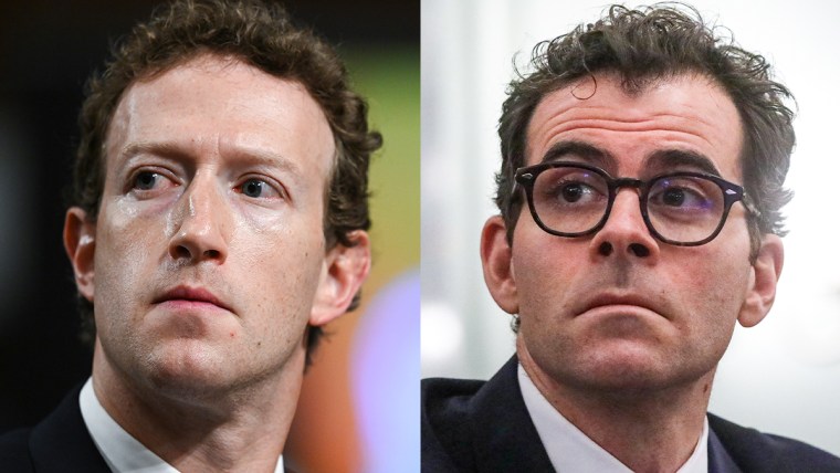 A split composite image of Mark Zuckerberg, left, and Adam Mosseri.