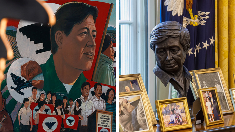 A composite of a mural in Cezar A. Chavez Memorial Park and a sculpture of Cezar Chavez in the Oval Office awaiting former President Biden.