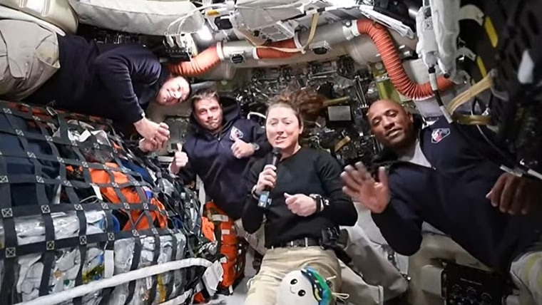 Artemis II crew members Jeremy Hansen, Reid Wiseman, Christina Koch, and Victor Glover answer questions from reporters during the first downlink event of their mission. April 2, 2026.
