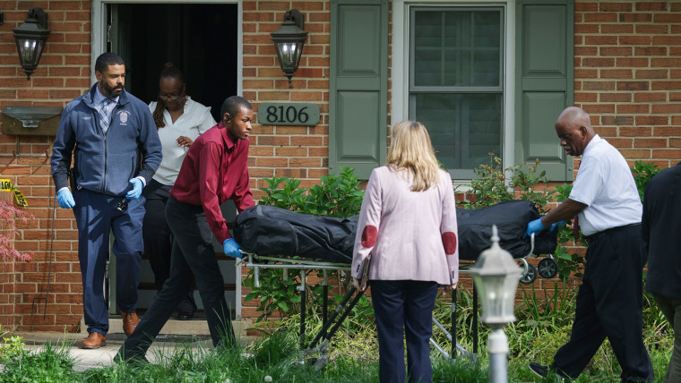 A body is removed on a gurney from the home of former Virginia Lt. Gov. Justin Fairfax on April 16, 2026 in Annandale, Va.