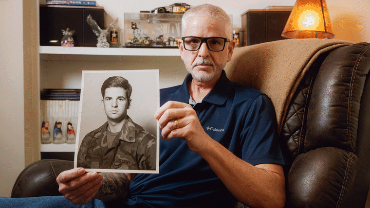 Image: A slideshow gif of images of Guy Shoemaker, some showing old photographs of him during military service. The penultimate image shows Guy and his wife in their home together.