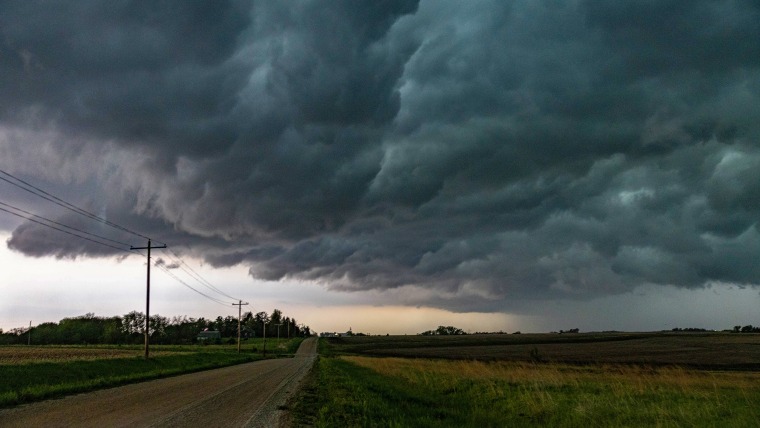 Severe warned previous tornado warned rotating supercell with lightning passes over Craig Nebraska Burt County USA May 17th 2026