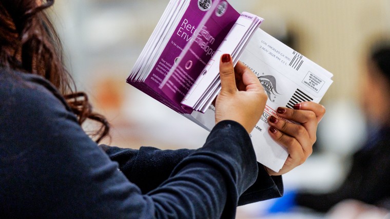 Vote by Mail ballots are inspected by a worker who flips through the envelope