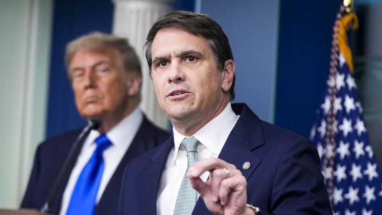 Deputy Attorney General Todd Blanche with President Donald Trump in the briefing room of the White House on June 27, 2025.